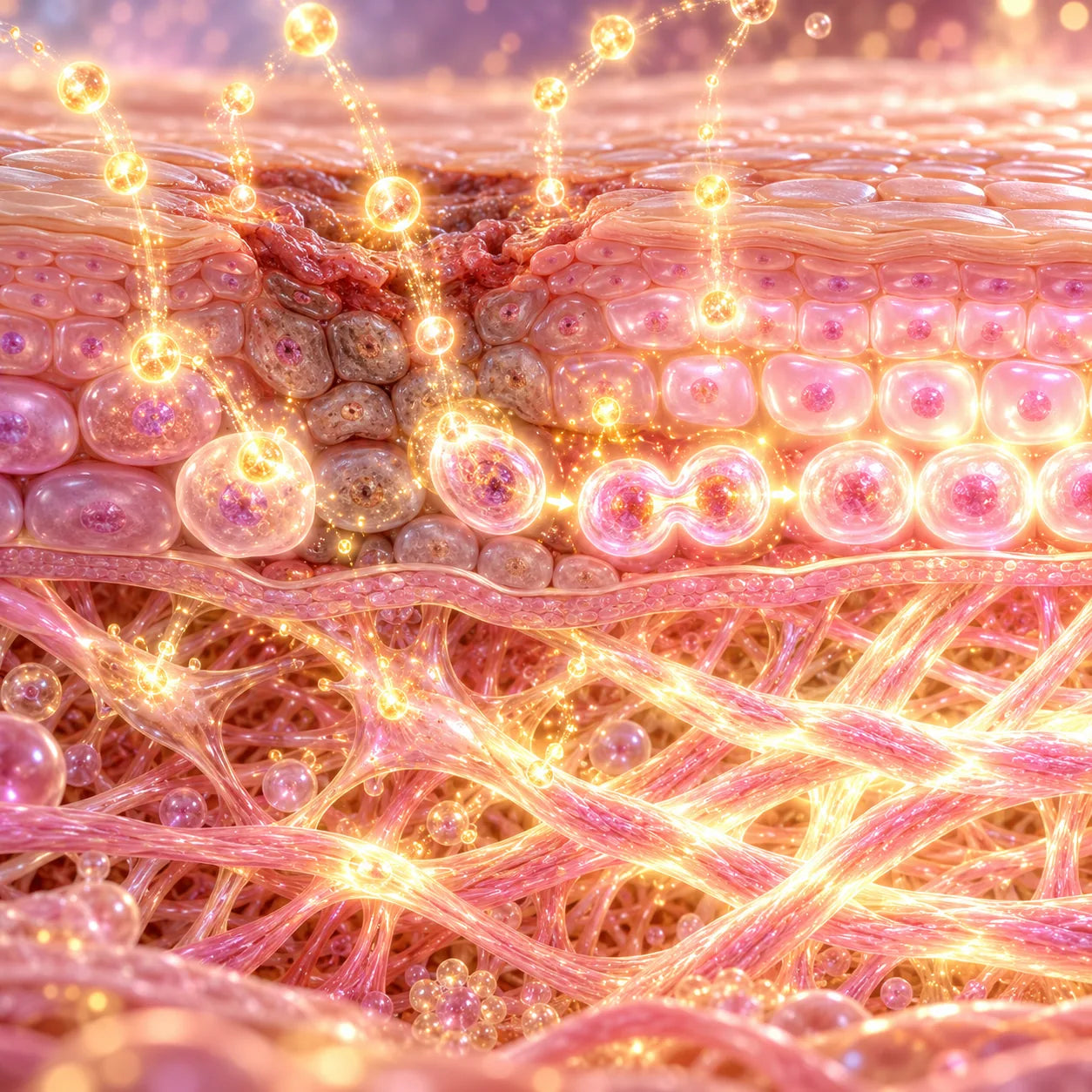 Illustration of micro-sized skincare actives supporting smoother-looking skin.
