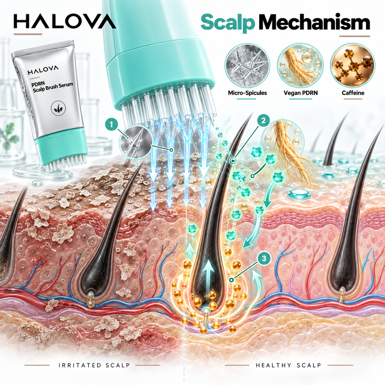 Illustration of surface-level scalp care with micro-spicules, vegan PDRN and caffeine