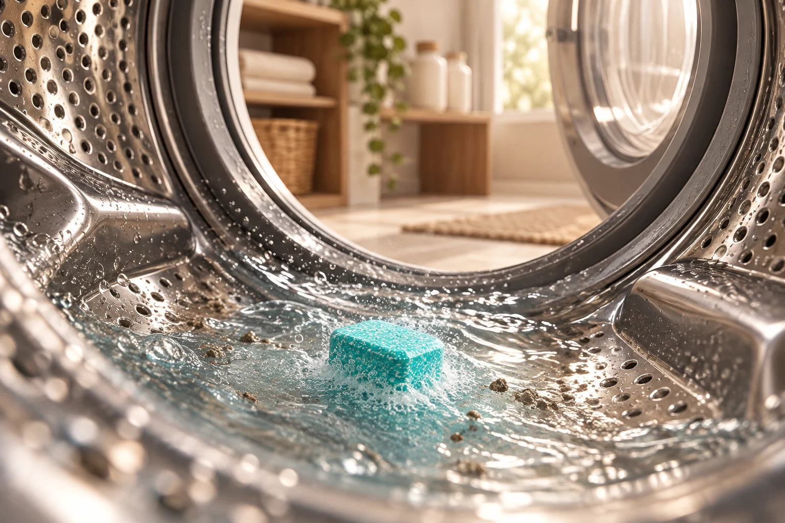 A cleaning tablet dissolving in a washer drum