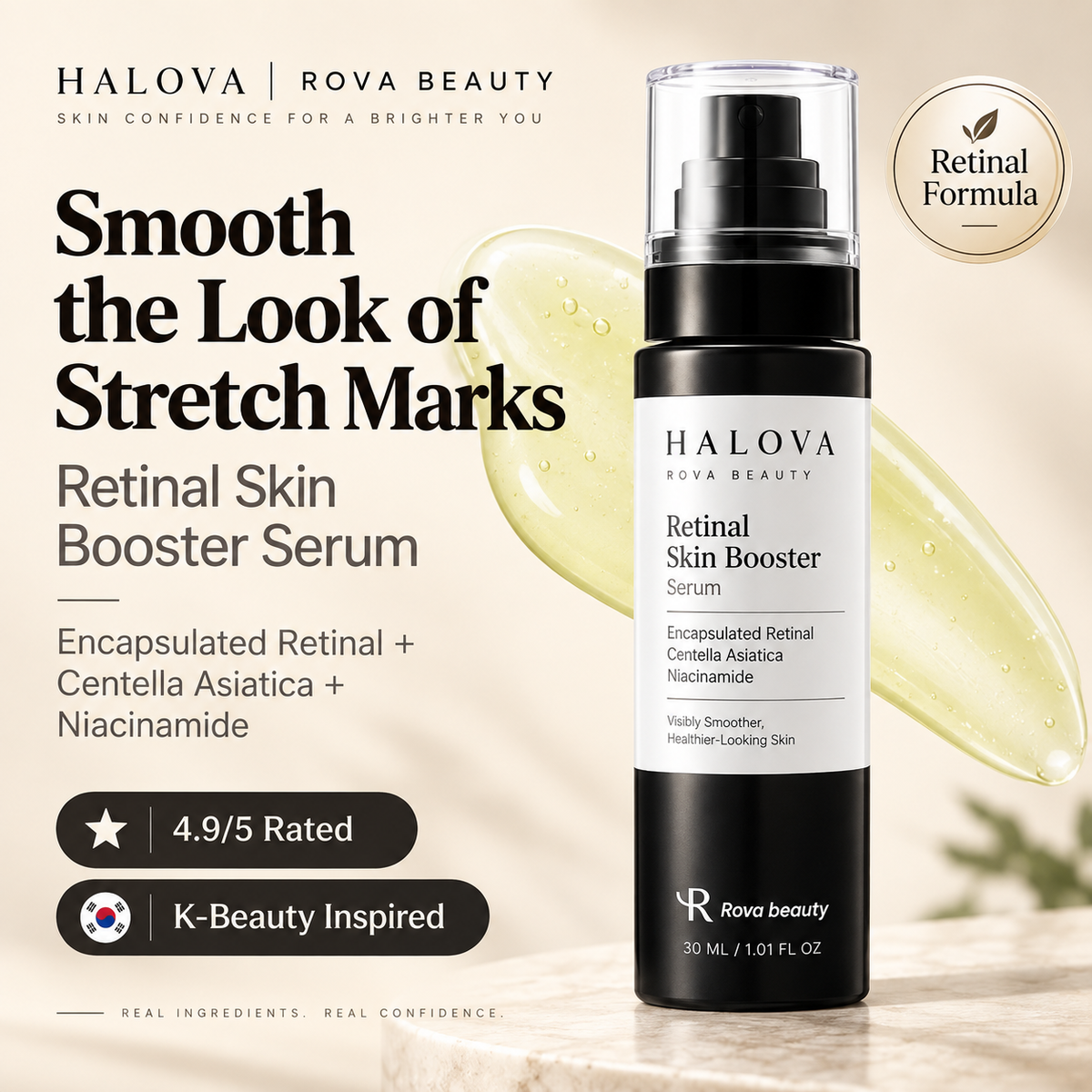 ROVA Retinal Skin Booster Serum bottle with encapsulated retinal and Centella Asiatica