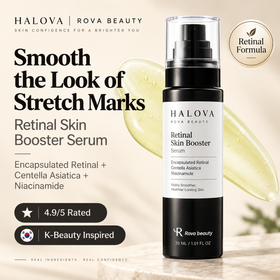 ROVA Retinal Skin Booster Serum bottle with encapsulated retinal and Centella Asiatica