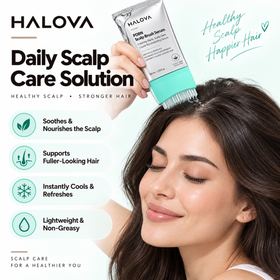 Woman applying scalp serum with built-in brush