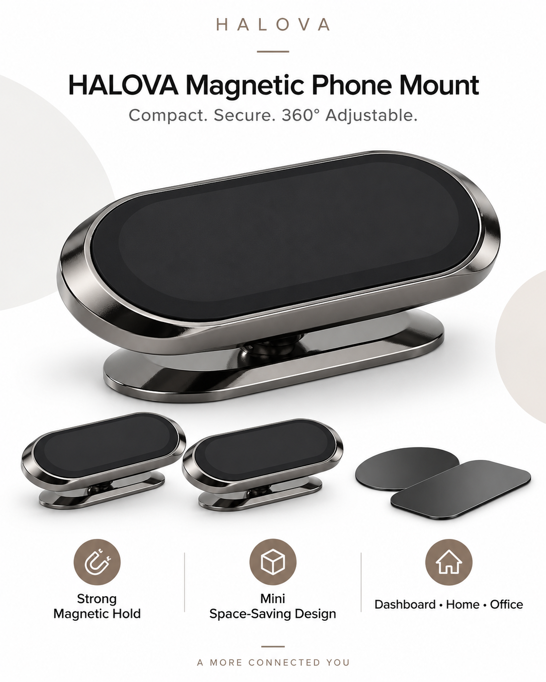 HALOVA magnetic phone mount with included metal plates
