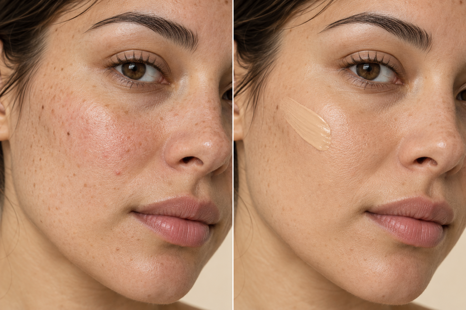 Illustrative horizontal BB cream demonstration with visible redness and blemishes before, plus a visible cream layer and more even-looking coverage after