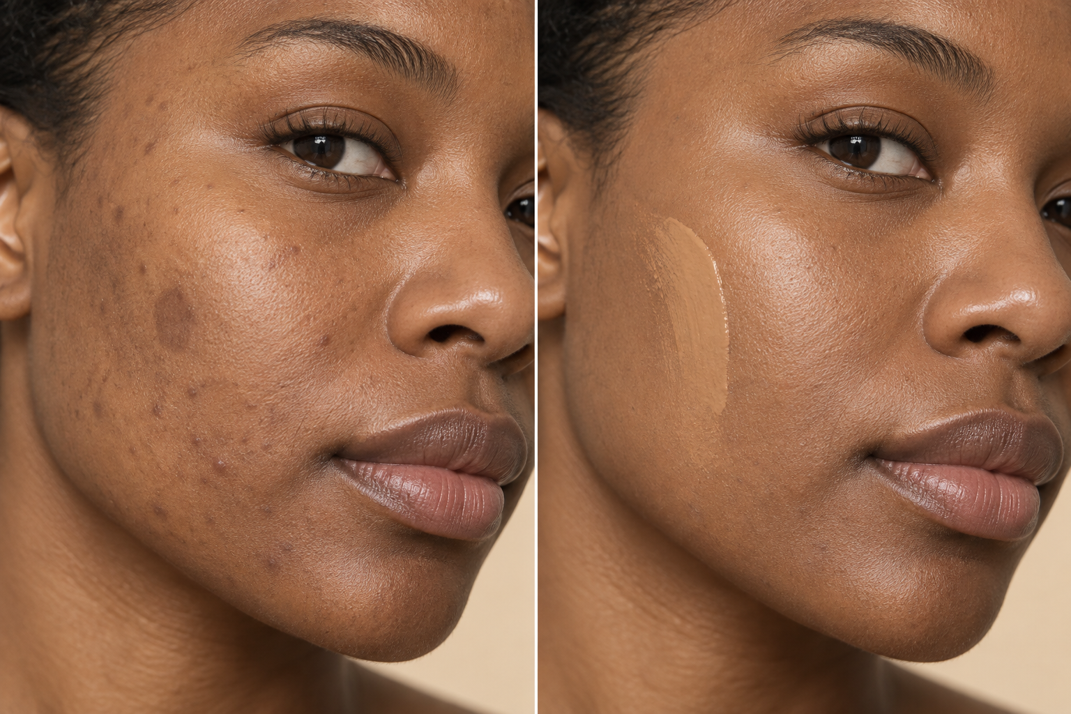 Illustrative horizontal BB cream demonstration on deep skin with visible discoloration before, plus a visible cream layer and more even-looking coverage after