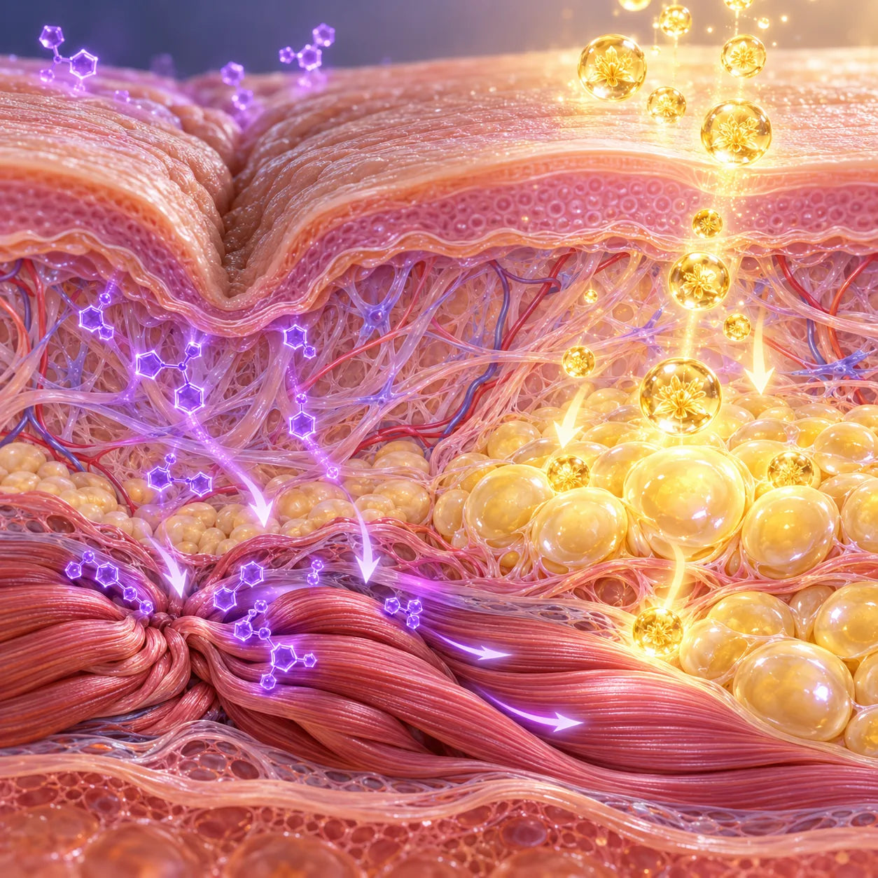 Illustration of peptide actives moving through skin layers.