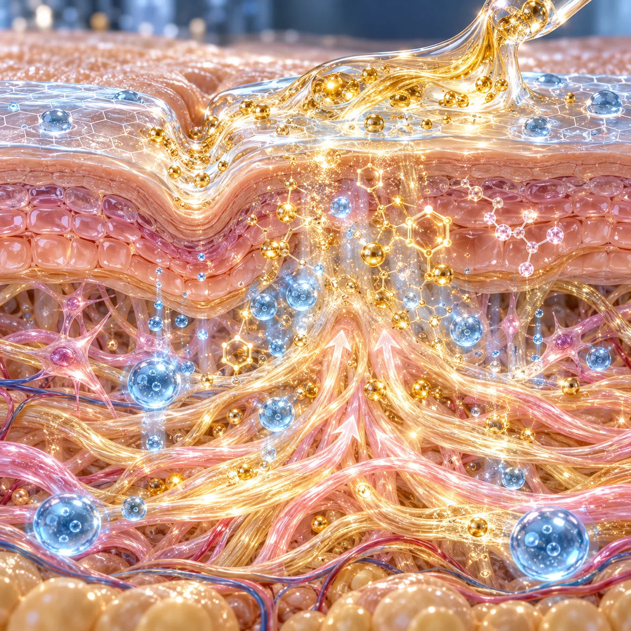 Illustration of the ampoule's four-step topical skincare mechanism.