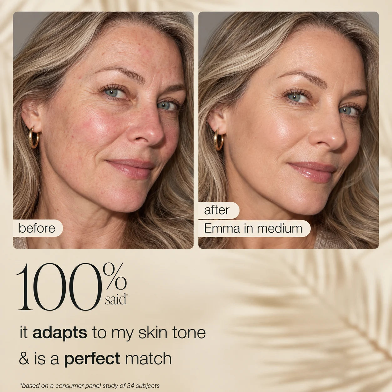 Before and after complexion result for Emma wearing HALOVA CC tinted serum