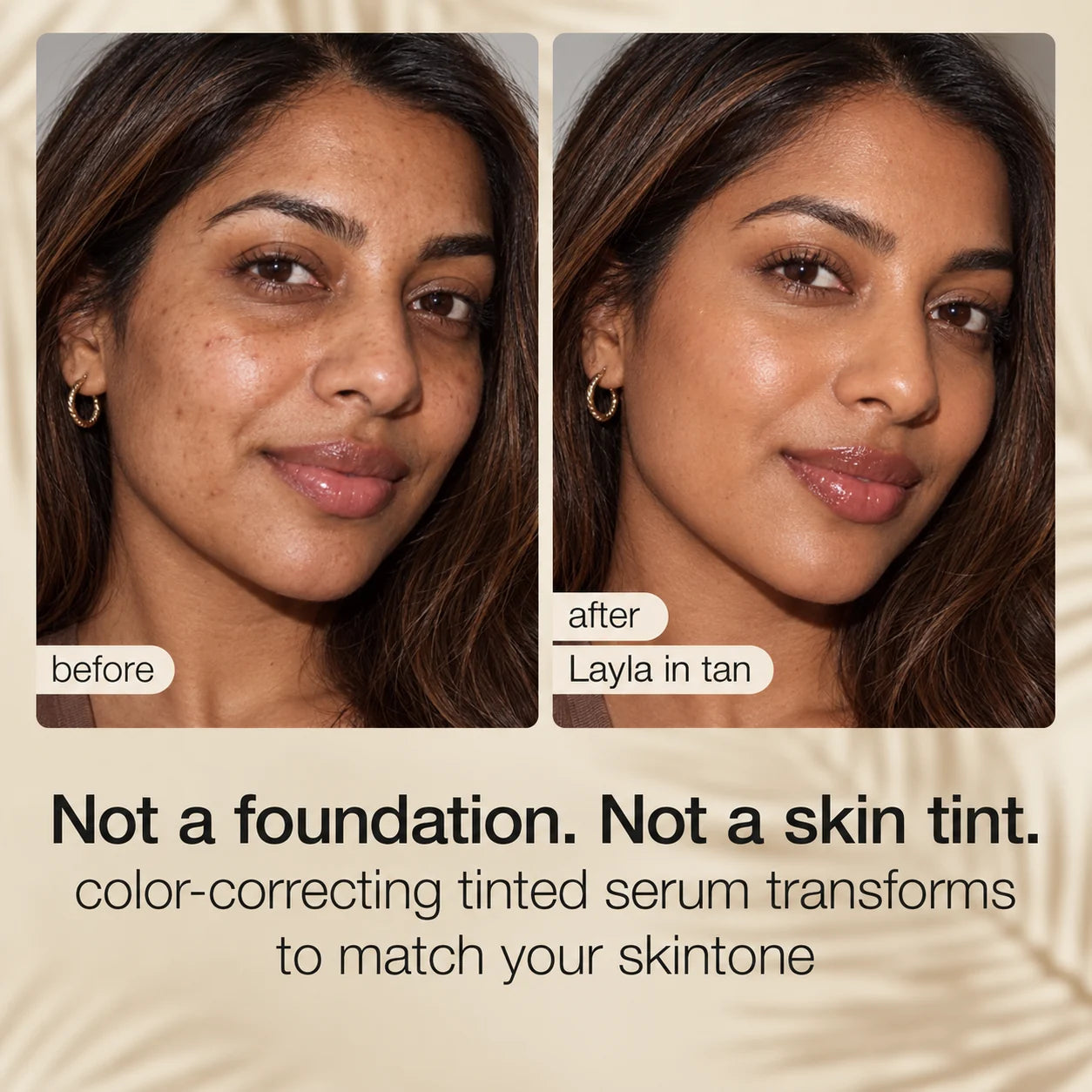Before and after complexion result for Layla wearing HALOVA CC tinted serum