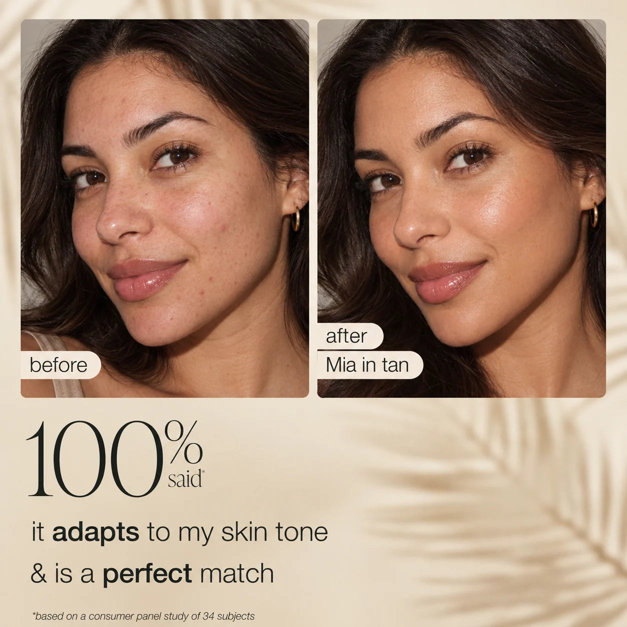 Before and after complexion result for Mia wearing HALOVA CC tinted serum