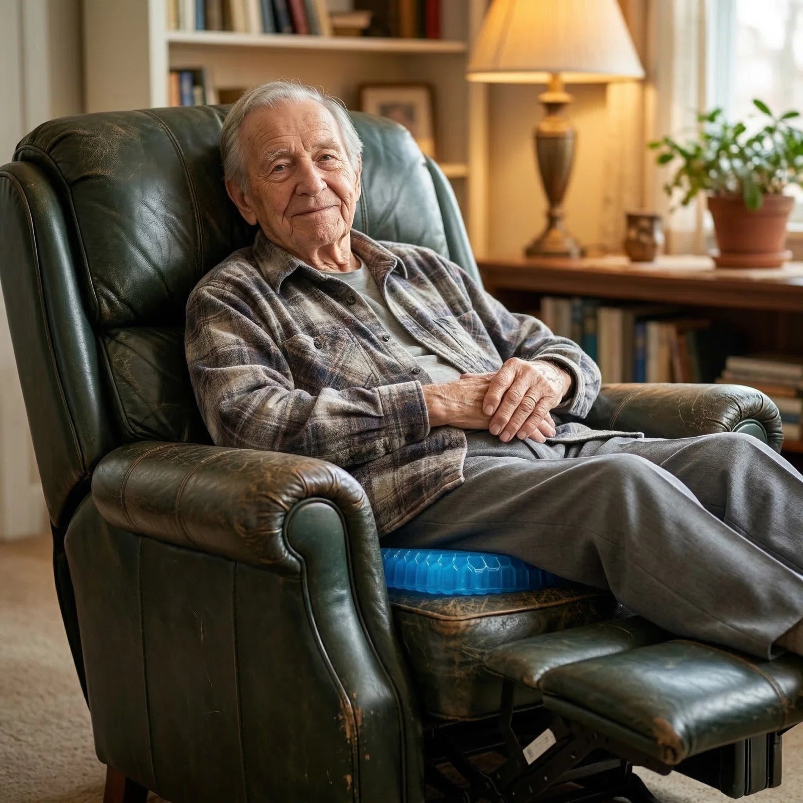 Senior man sitting comfortably in a recliner on the Halova Cushion Gel cushion
