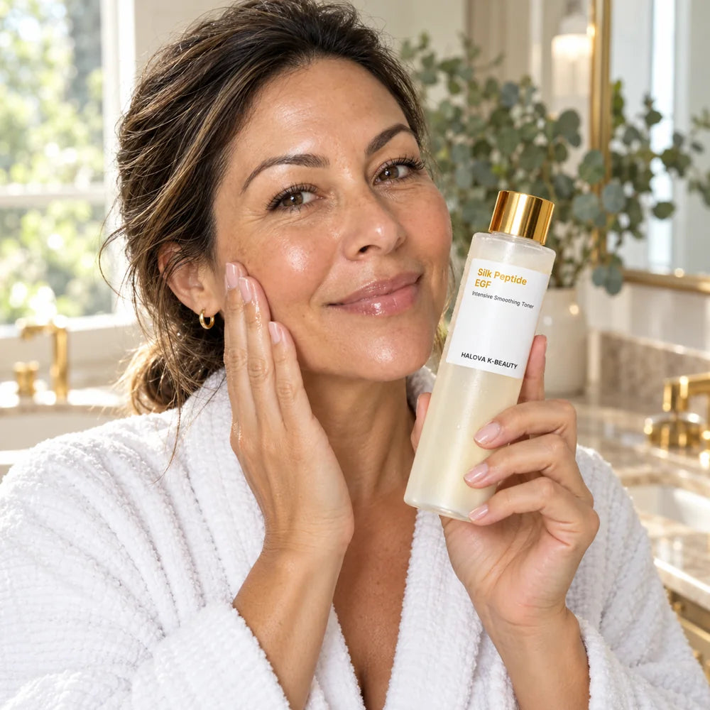 HALOVA EGF toner shown as part of a skincare routine.