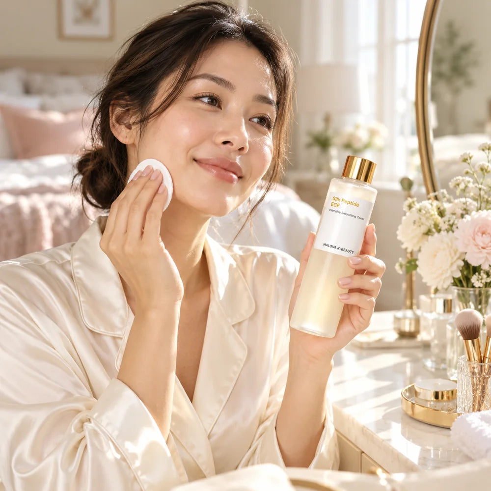 HALOVA EGF toner shown as part of a skincare routine.