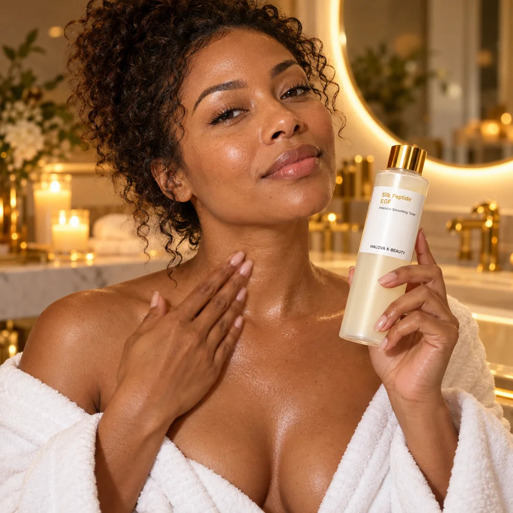 HALOVA EGF toner shown as part of a skincare routine.