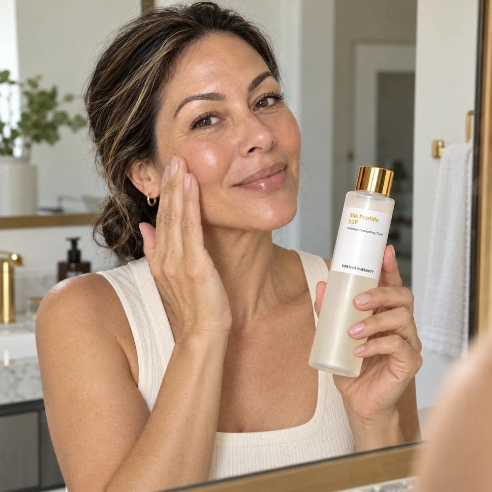 HALOVA EGF toner shown as part of a skincare routine.