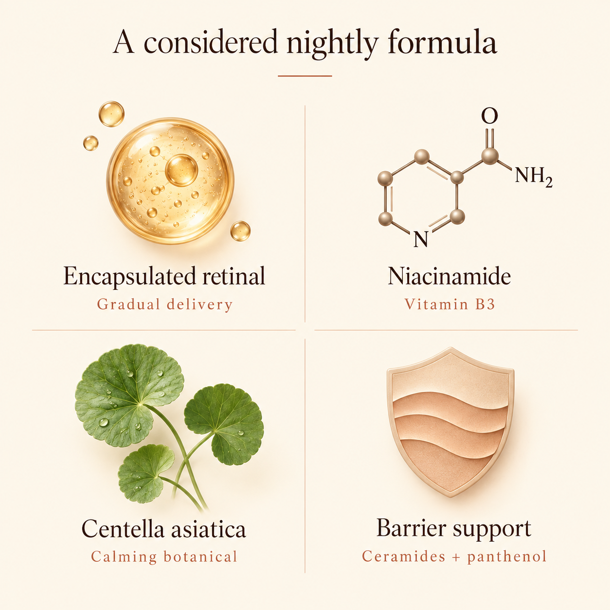 Educational ingredient overview showing encapsulated retinal, niacinamide, Centella asiatica and barrier support