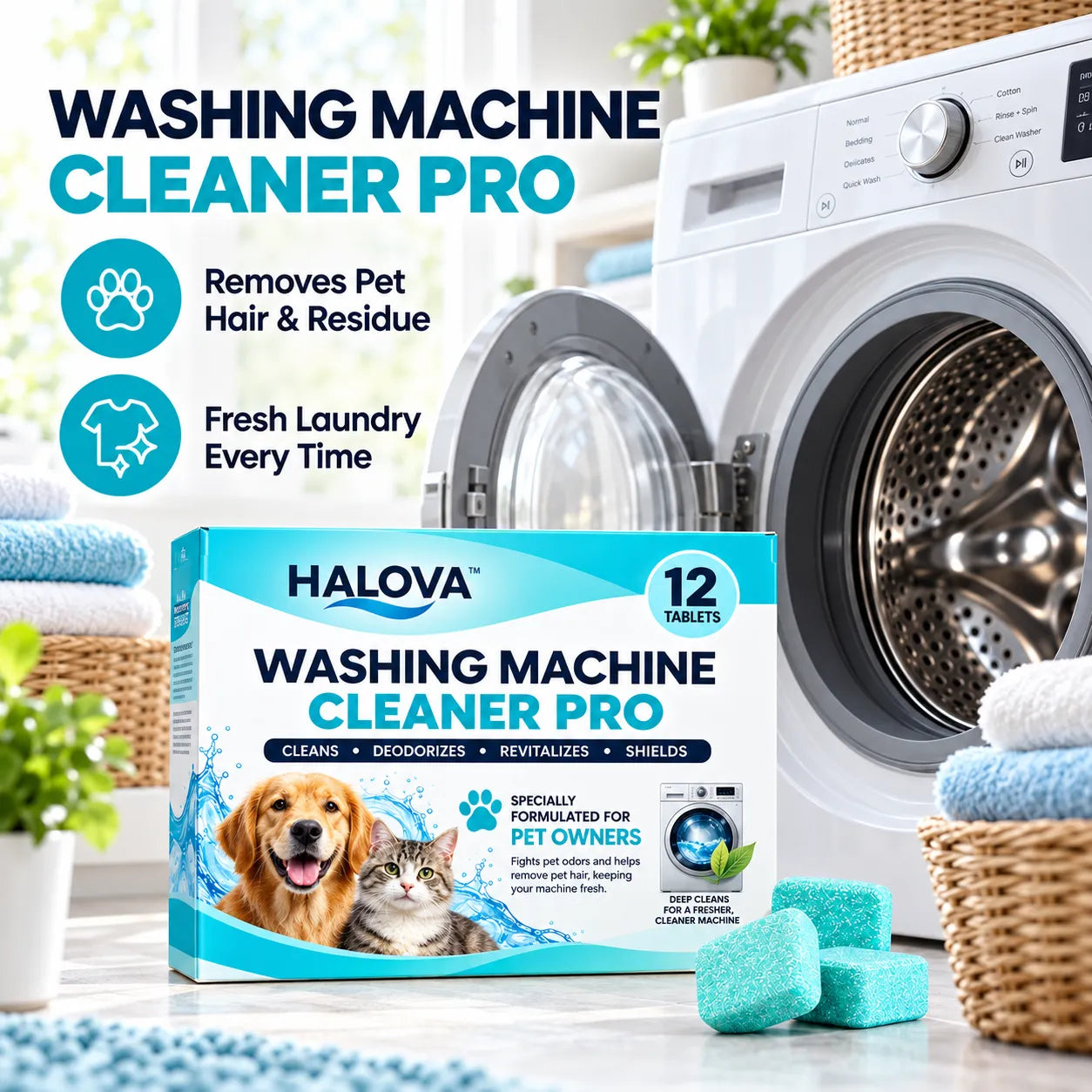 HALOVA Washing Machine Cleaner Pro, 12 tablets, beside a washing machine