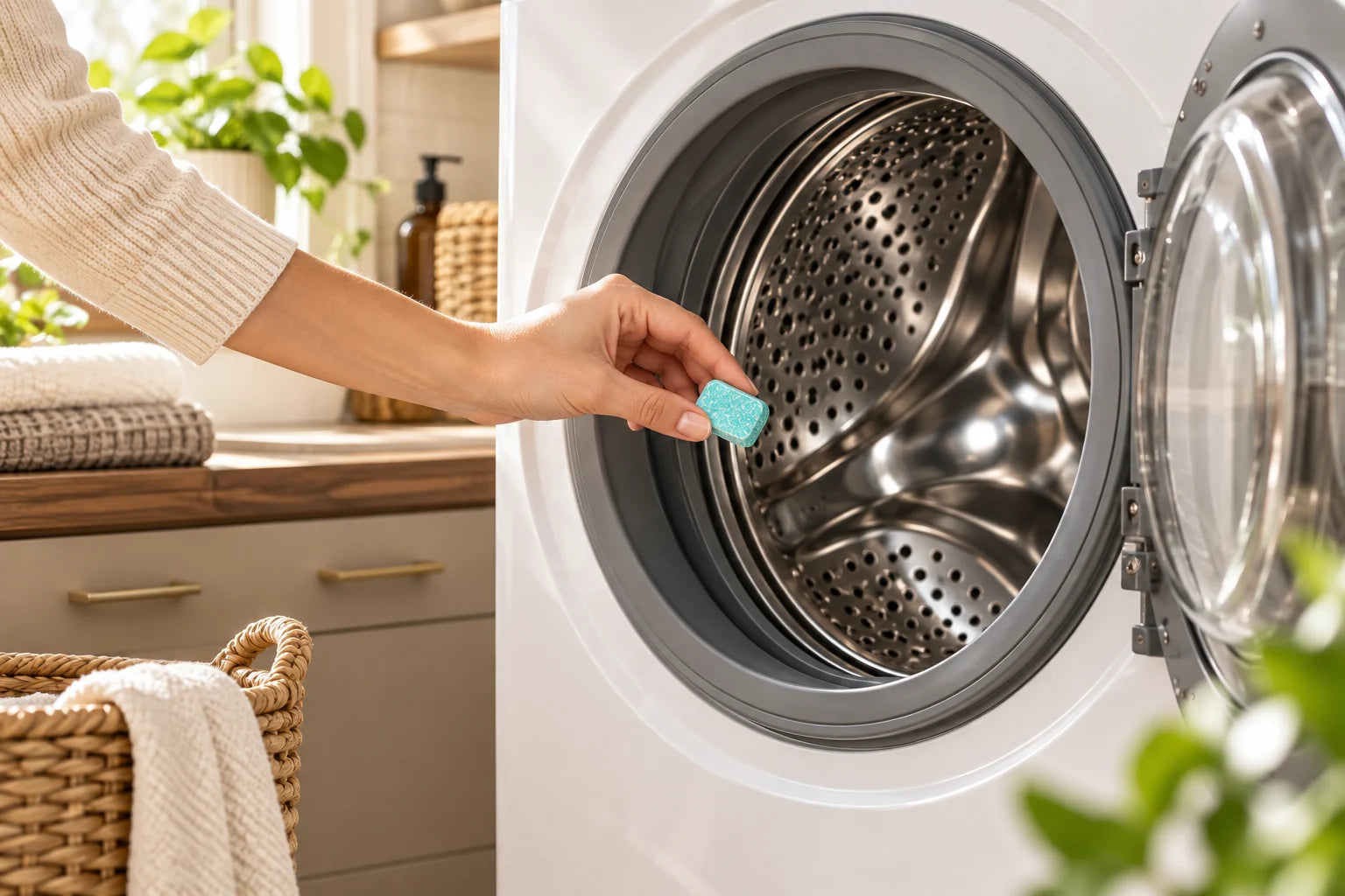 A hand placing one cleaning tablet into an empty washer drum